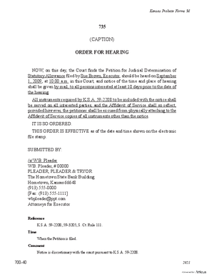 Thumbnail of Kansas Form Order For Hearing Of Petition For Judicial Determination Of Statutory Allowance