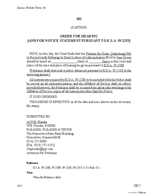 Thumbnail of Kansas Form Order For Hearing Of Petition For Order [Admitting Will To Record And] Refusing To Grant Letters Of Administration, [And For Notice Statement Pursuant To K.s.a. 59-2233]