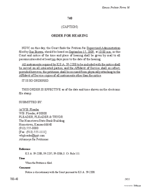 Thumbnail of Kansas Form Order For Hearing Of Petition For Supervised Administration