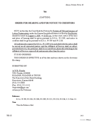 Thumbnail of Kansas Form Order For Hearing Of Probate Of Will And For Notice To Creditors Pursuant To K.s.a. 59-2209 (Simplified Administration)