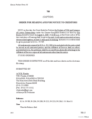 Thumbnail of Kansas Form Order For Hearing Of Probate Of Will And Notice To Creditors If Notice Is "Otherwise Ordered By The Court" (Simplified Administration)