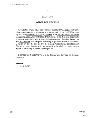 Thumbnail of Kansas Form Order For Hearing Of Venue And Approval Of Accounting (Misc Guardianship/conservatorship)