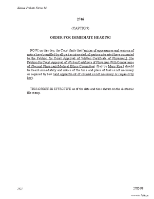 Thumbnail of Kansas Form Order For Immediate Hearing Of Petition For Court Approval Of Written Certificate Of Physician [With Concurrence[