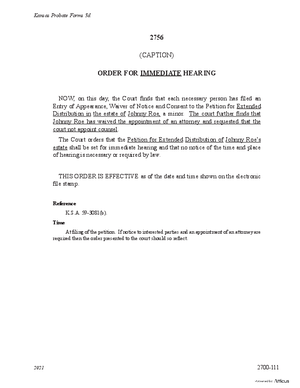 Thumbnail of Kansas Form Order For Immediate Hearing Of Petition For Extended Distribution Of Minor's Estate