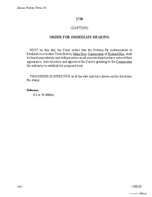 Thumbnail of Kansas Form Order For Immediate Hearing Of Petition For Authorization To Establish Irrevocable Trust