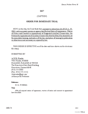 Thumbnail of Kansas Form Order For Immediate Trial For Petition For Appointment Of Ancillary Conservator