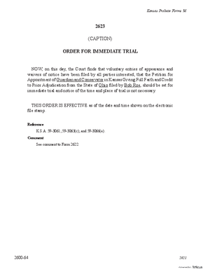 Thumbnail of Kansas Form Order For Immediate Trial For Petition For Appointment Of Guardian/conservator In Kansas Giving Full Faith And Credit To Prior Adjudication From Another State