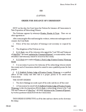 Thumbnail of Kansas Form Order For Issuance Of Commission To Take Deposition Of Subscribing Witness