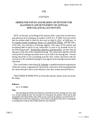 Thumbnail of Kansas Form Order For Notice And Hearing On Petition For Allowance And Settlement Of Annual/special/final Accounting (Misc Guardianship/conservatorship)