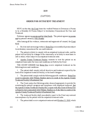 Thumbnail of Kansas Form Order For Outpatient Treatment (Mental Illness)