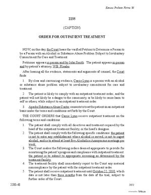 Thumbnail of Kansas Form Order For Outpatient Treatment (Substance Abuse)