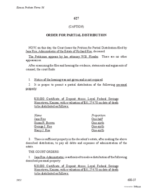 Thumbnail of Kansas Form Order For Partial Distribution (Supervised Intestate Administration)