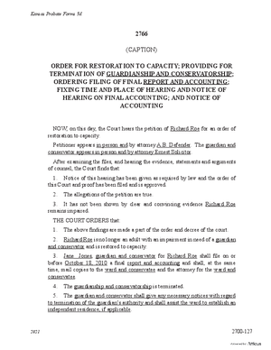 Thumbnail of Kansas Form Order For Restoration To Capacity; Providing For Termination Of Guardianship/conservatorship; Ordering Filing Of Final Report/accounting; Fixing Time And Place Of Hearing And Notice Of Hearing On Final Accounting, And Notice Of Accounting