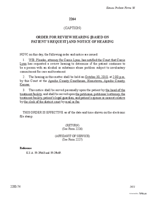 Thumbnail of Kansas Form Order For Review Hearing [Based On Patient's Request] And Notice Of Hearing (Substance Abuse)