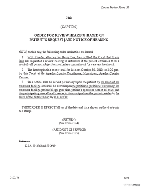 Thumbnail of Kansas Form Order For Review Hearing [Based On Patient's Request] And Notice Of Hearing (Mental Illness)