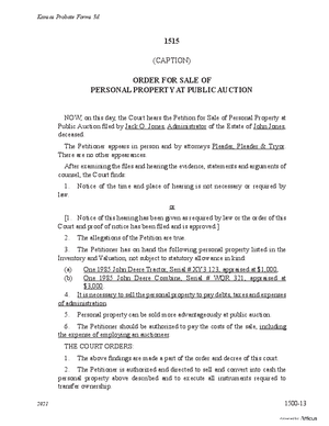 Thumbnail of Kansas Form Order For Sale Of Personal Proeprty At Public Auction
