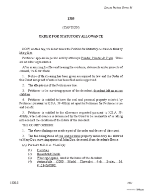 Thumbnail of Kansas Form Order For Statutory Allowance