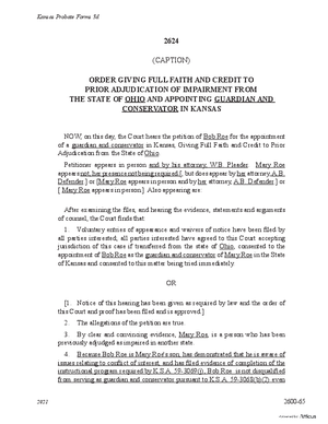 Thumbnail of Kansas Form Order Giving Full Faith And Credit To Prior Adjudication Of Impairment From Another State And Appointing Guardian And Conservator In Kansas