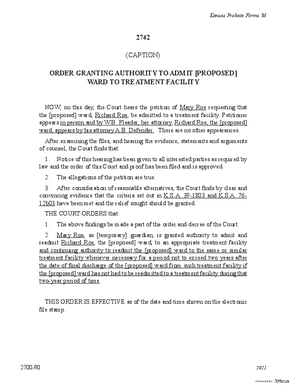 Thumbnail of Kansas Form Order Granting Authority To Admit [Proposed] Ward To Treatment Facility