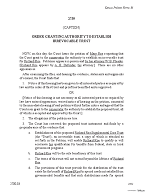 Thumbnail of Kansas Form Order Granting Authority To Establish Irrevocable Trust