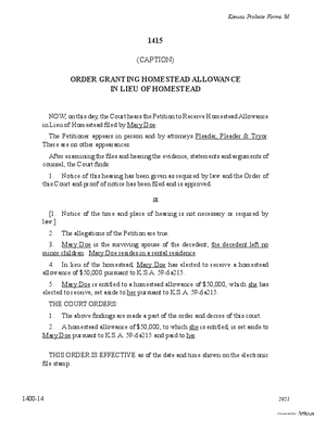 Thumbnail of Kansas Form Order Granting Homestead Allowance In Lieu Of Homestead