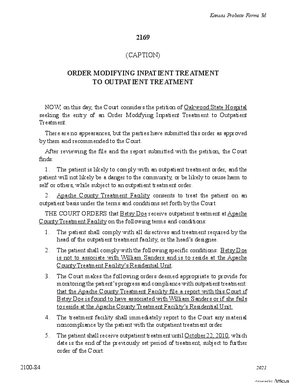 Thumbnail of Kansas Form Order Modifying Inpatient Treatment To Outpatient Treatment (Mental Illness)