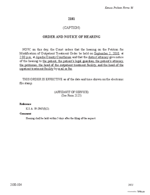 Thumbnail of Kansas Form Order And Notice Of Hearing For Petition Of Modification Of Outpatient Treatment Order (Mental Illness)