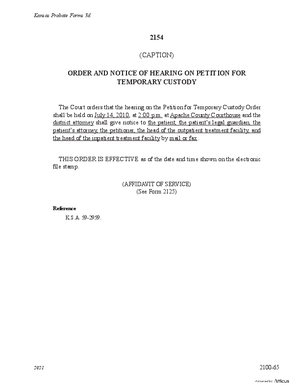 Thumbnail of Kansas Form Order And Notice Of Hearing On Petition For Temporary Custody (Mental Illness)