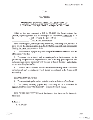 Thumbnail of Kansas Form Order On Annual/special Review Of Conservator's [Report And] Accounting (Misc Guardianship/conservatorship)