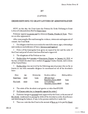 Thumbnail of Kansas Form Order Refusing To Grant Letters Of Administration
