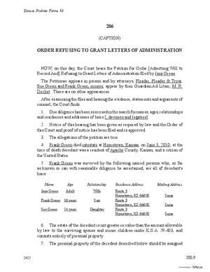 Thumbnail of Kansas Form Order Refusing To Grant Letters Of Administration