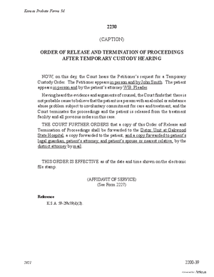 Thumbnail of Kansas Form Order Of Release And Termination Of Proceedings After Temporary Custody Hearing (Substance Abuse)