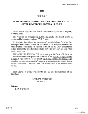 Thumbnail of Kansas Form Order Of Release And Termination Of Proceedings After Temporary Custody Hearing (Mental Illness)