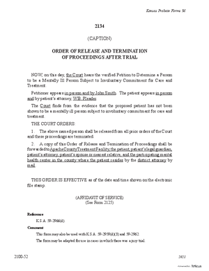 Thumbnail of Kansas Form Order Of Release And Termination Of Proceedings After Trial (Mental Illness)