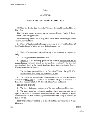 Thumbnail of Kansas Form Order Setting Apart Homestead