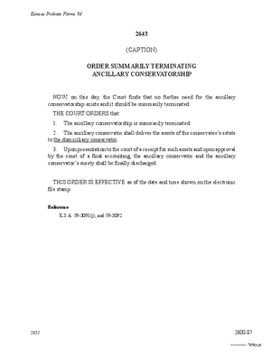 Thumbnail of Kansas Form Order Summarily Terminating Ancillary Conservatorship (Involuntary)