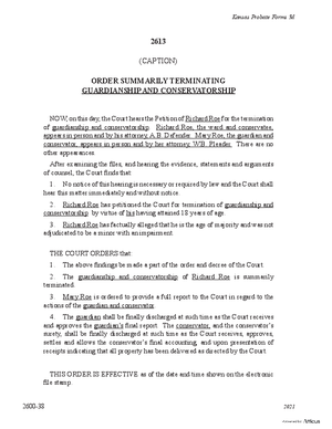 Thumbnail of Kansas Form Order Summarily Terminating Guardianship And Conservatorship (Involuntary)