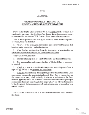 Thumbnail of Kansas Form Order Summarily Terminating Guardianship And Conservatorship (Misc Guardianship/conservatorship)