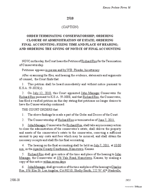 Thumbnail of Kansas Form Order Terminating Conservatorship; Ordering Closure Of Administration Of Estate; Ordering Final Accounting; Fixing Time And Place Of Hearing; And Ordering The Giving Of Notice Of Final Accounting