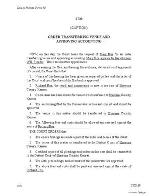 Thumbnail of Kansas Form Order Transferring Venue And Approving Accounting (Misc Guardianship/conservatorship)