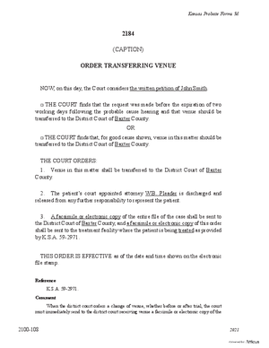 Thumbnail of Kansas Form Order Transferring Venue (Mental Illness)