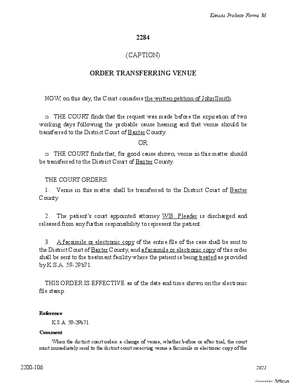 Thumbnail of Kansas Form Order Transferring Venue (Substance Abuse)