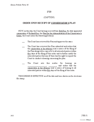 Thumbnail of Kansas Form Order Upon Receipt Of Conservator's Plan (Misc Guardianship/conservatorship)