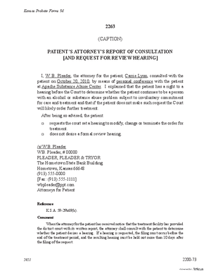 Thumbnail of Kansas Form Patient's Attorney's Report Of Consultation [And Request For Review Hearing] (Substance Abuse)