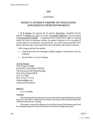 Thumbnail of Kansas Form Patient's Attorney's Report Of Consultation [And Request For Review Hearing] (Mental Illness)