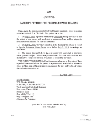 Thumbnail of Kansas Form Patient's Petition For Probable Cause Hearing (Substance Abuse)