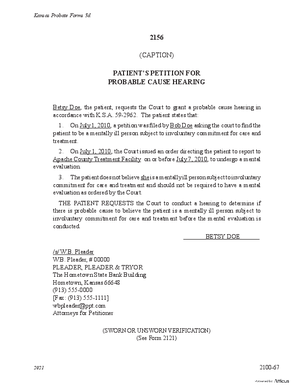 Thumbnail of Kansas Form Patient's Petition For Probable Cause Hearing (Mental Illness)