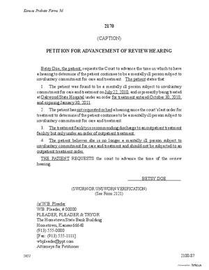 Thumbnail of Kansas Form Petition For Advancement Of Review Hearing (Mental Illness)