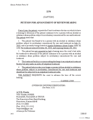 Thumbnail of Kansas Form Petition For Advancement Of Review Hearing (Substance Abuse)