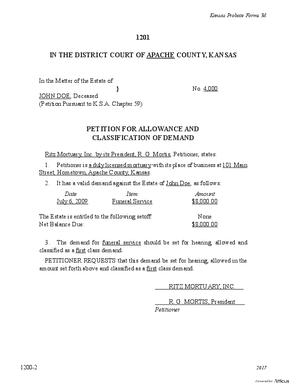 Thumbnail of Kansas Form Petition For Allowance And Classification Of Demand